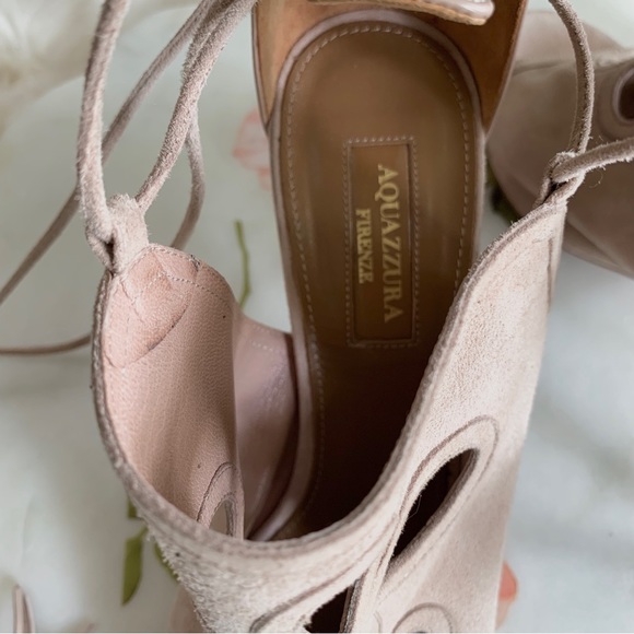 AQUAZURRA FIRENZE NEUTRAL LEATHER TUSSLE HEELED SANDALS - Picture 5 of 16